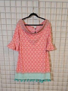 Cabana Life Coral Swim Coverup  Aqua Tassels and Off The Shoulder XL NWT